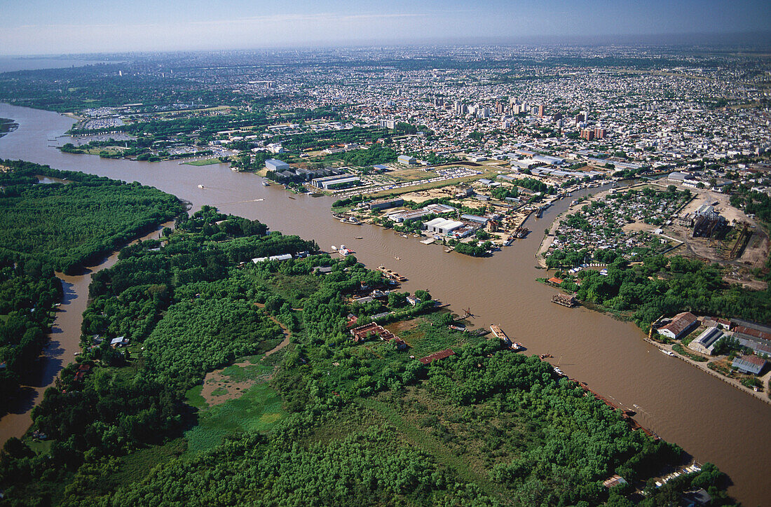 Aerial view of Rio Parana river and suburbs of Buenos Aires, Argentina, South America, America