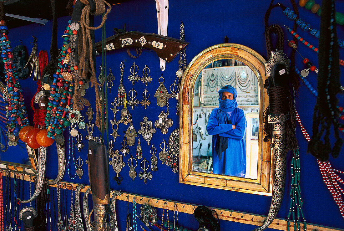 Tuareg Mohamed Jallali in his store, Reflection in the mirror, Essaouira, Marocco