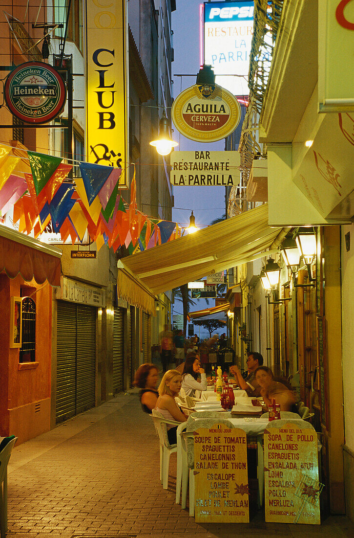 Restaurant in the evening light, Lloret de Mar, Costa Brava, Spain