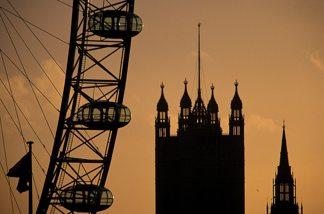 Detail des London Eye und Westminster Palace in der Abenddämmerung, London, England, Großbritannien, Europa