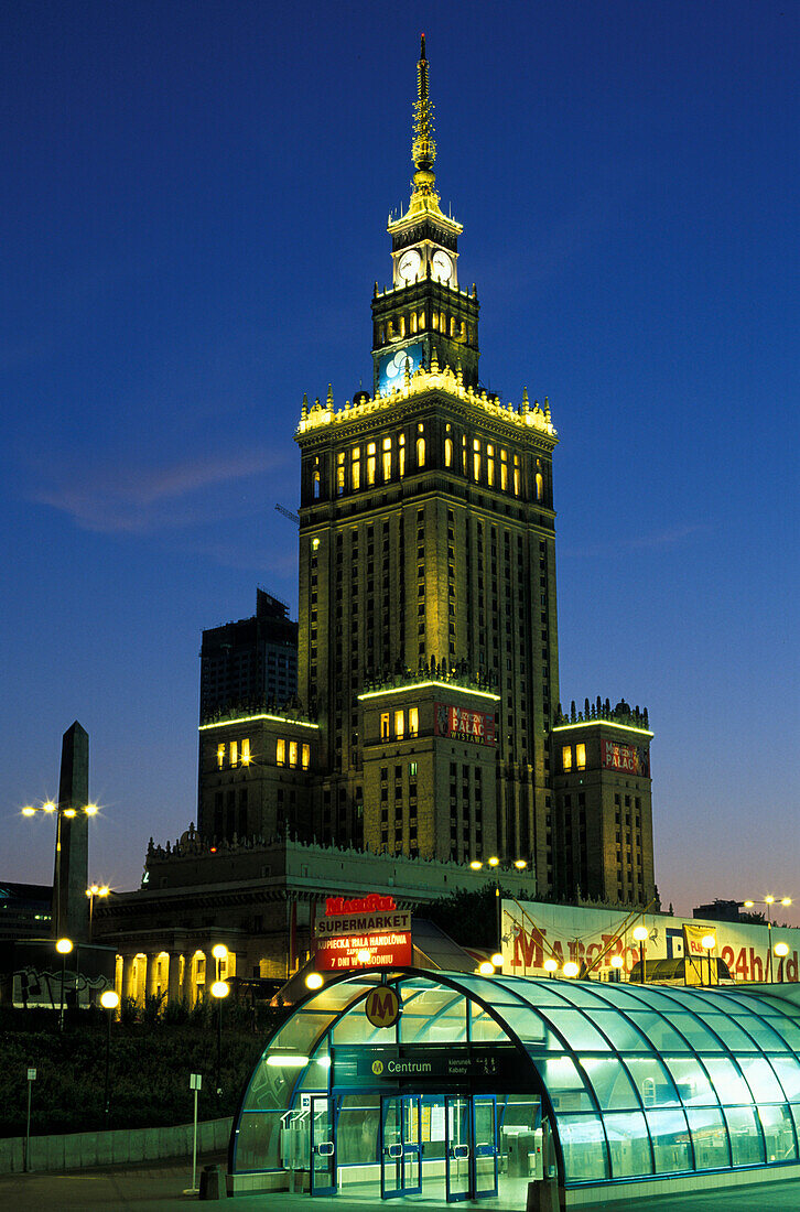The illuminated Palace of Culture and Science at night, Warsaw, Poland, Europe