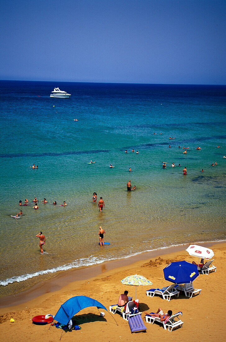 Sandy beach in the sunlight, Ramla Bay, Gozo Island, Malta, Europe