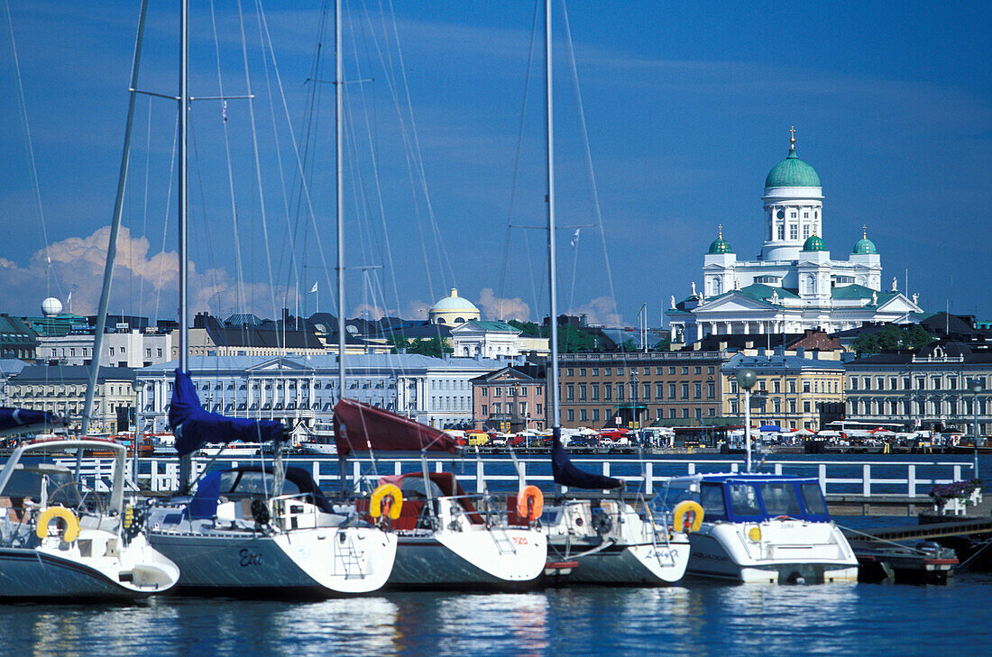 View of boats at harbour and cathedral, Helsinki, Finland, Europe