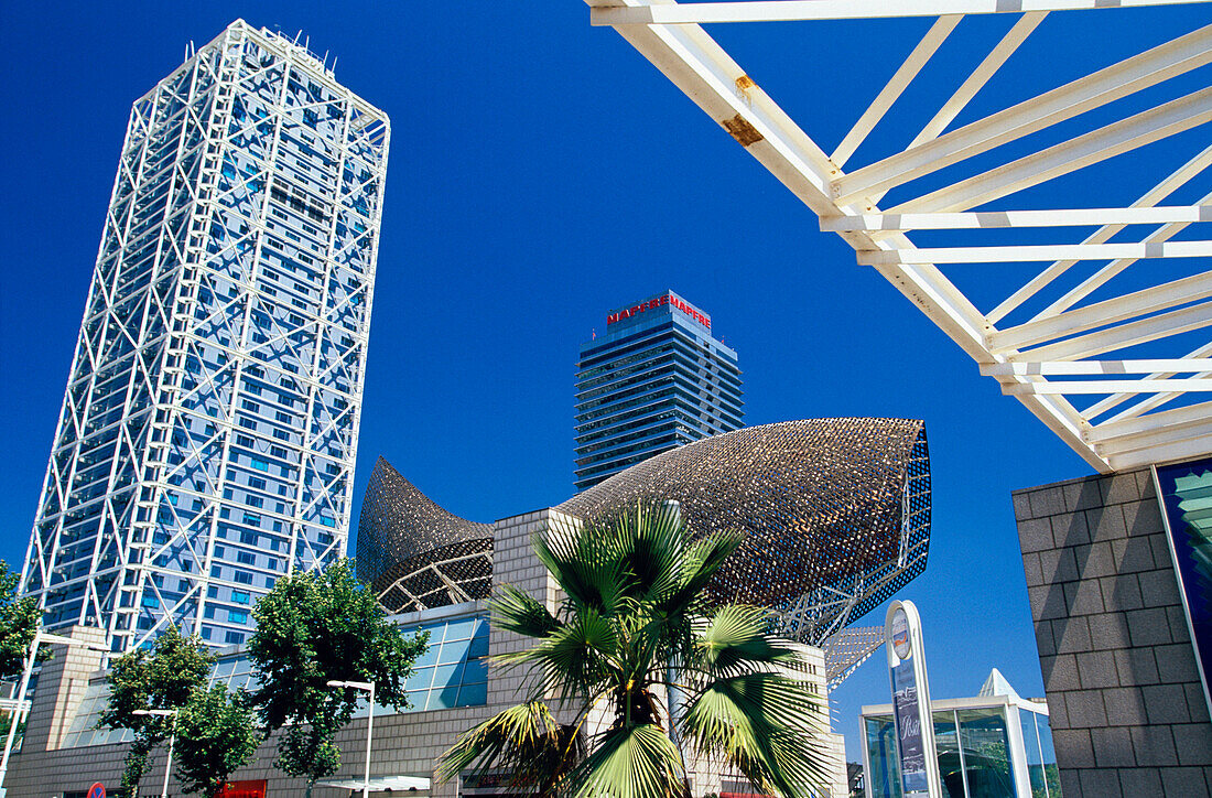 Towerblock Sculpture Barcelona, El Peix D´Or, Golden Fish Sculpture, Port Olimpic, Barcelona, Catalonia, Spain