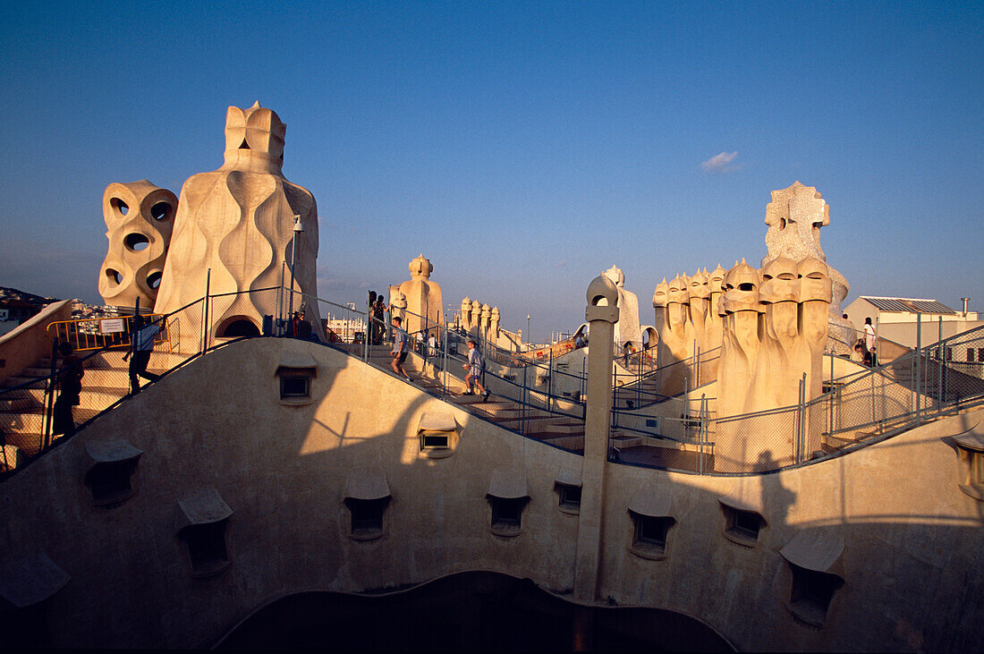 Chimneys at the roof of Casa Mila, La Pedrera, Barcelona, Catalonia, Spain