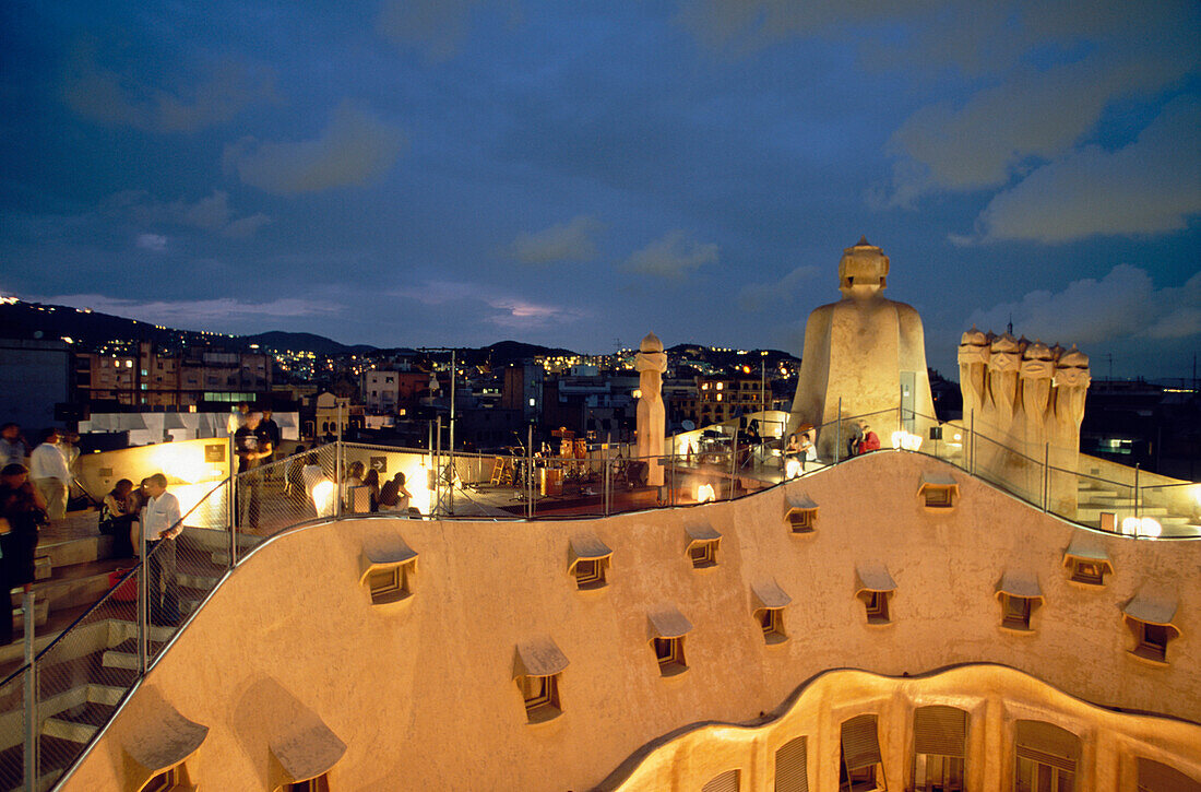 Chimneys at the roof of Casa Mila, La Pedrera, Barcelona, Catalonia, Spain