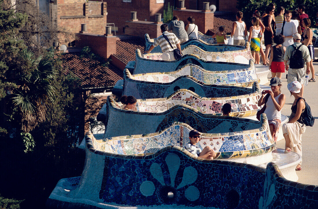 Mosaic Park Benches Barcelona, Park benches, Park Guell, Barcelona, Catalonia, Spain