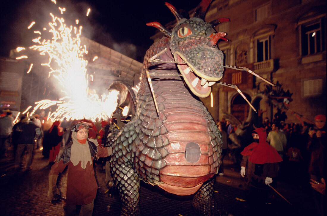 Dragon and fireworks at the Correfoc Fireworks Parade, Festa de la Merce, Barcelona, Catalonia, Spain