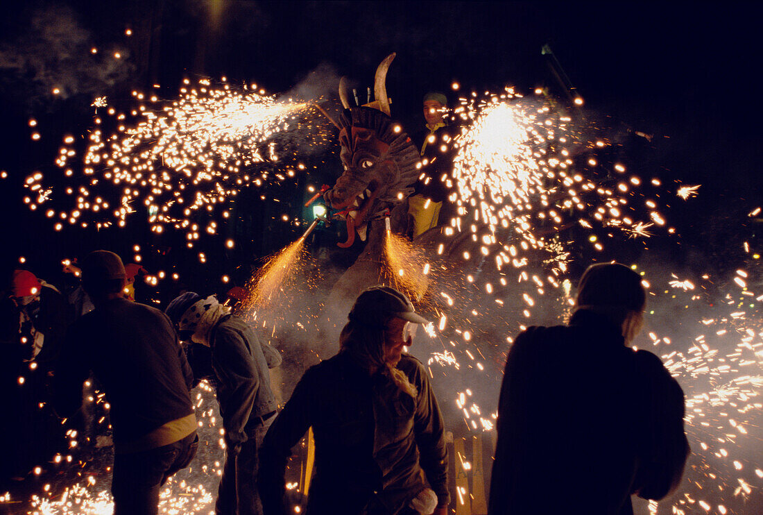 Fireworks Festa de la Merce Barcelona, Drac, dragon at the Correfoc Fireworks Parade, Festa de la Merce, Barcelona, Catalonia, Spain