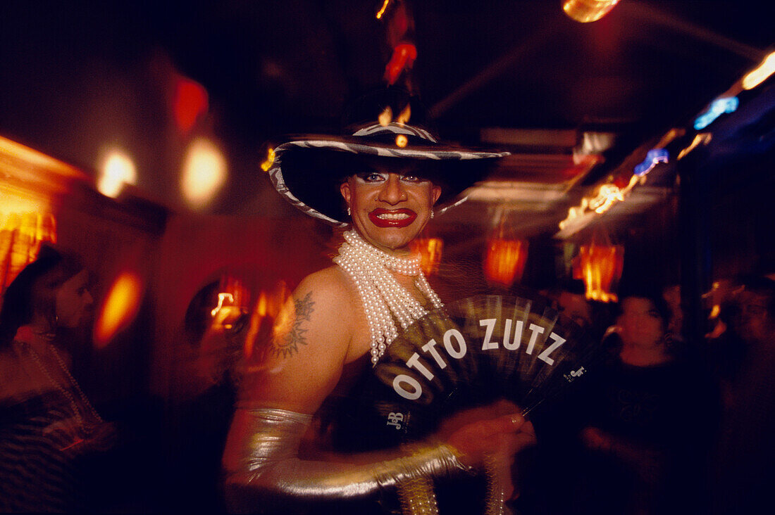 Disco Man Hat Costume, Otto Zutz Club, Nightclub in Gracia, Barcelona, Catalonia, Spain
