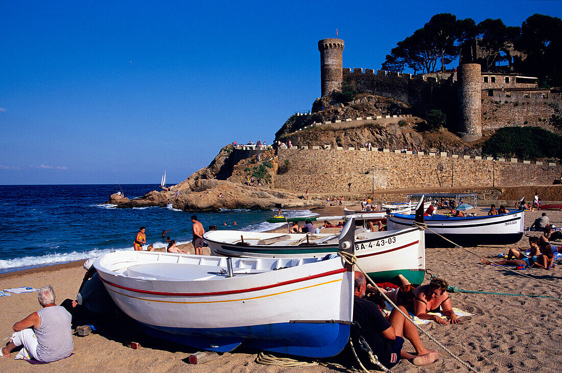 Boats Beach Castle Tossa de Mar, Vila Vella, old Town with Castle and beach, Tossa de Mar, Costa Brava, Catalonia, Spain