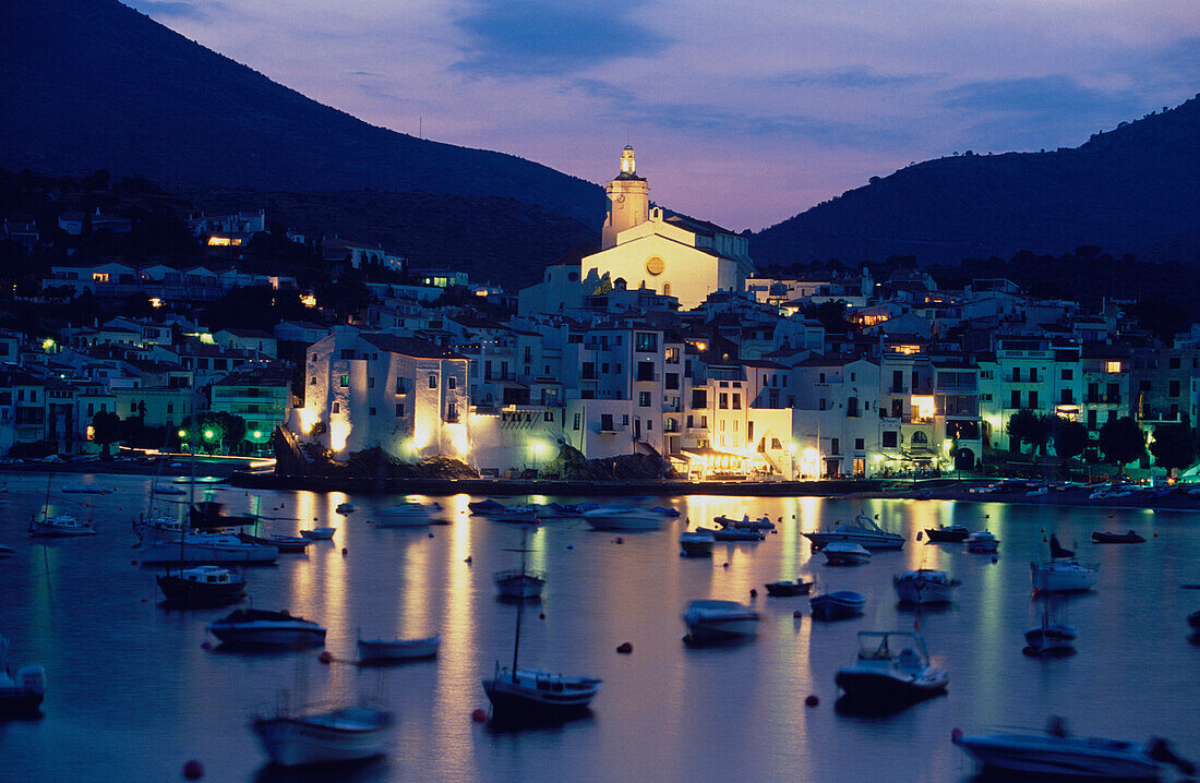 Harbour at night with the Parroquial Santa Maria Church, Cadaques, Costa Brava, Catalonia, Spain