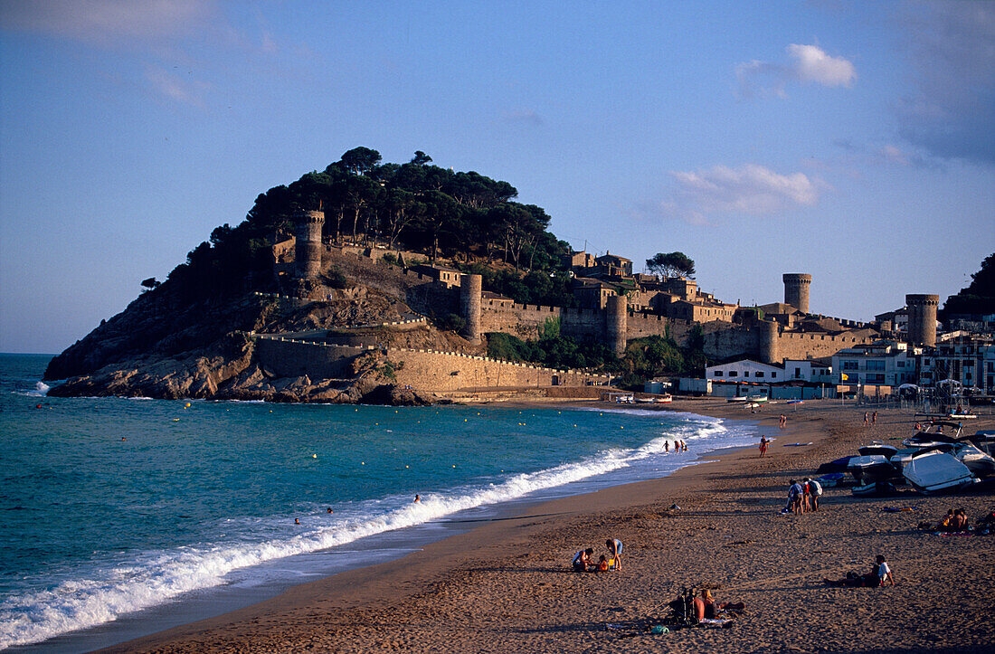 Beach Tossa del Mar Night Costa Brava, Villa Vella, old town with castle and beach, Tossa de Mar, Costa Brava, Catalonia, Spain