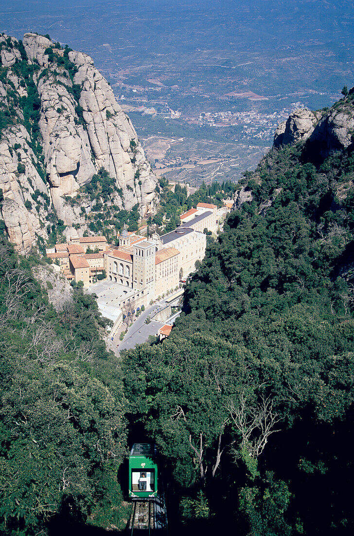 Mont Serrat Mountains Spain, Montserrat Monastry with Sant Joan rack railway, Montserrat Mountains, Catalonia, Spain