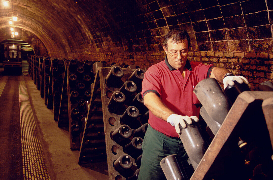 Man turning bottles, Cava Cellar methode champenoise, Codorniu, Sant Sadurni d'Anola, Catalonia, Spain