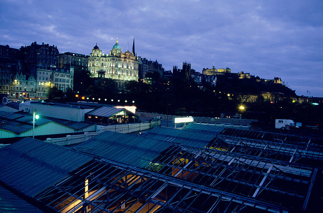 Illuminated Train Station by Night, Oldtown, Midlothian Edinburg, Scotland, United Kingdom