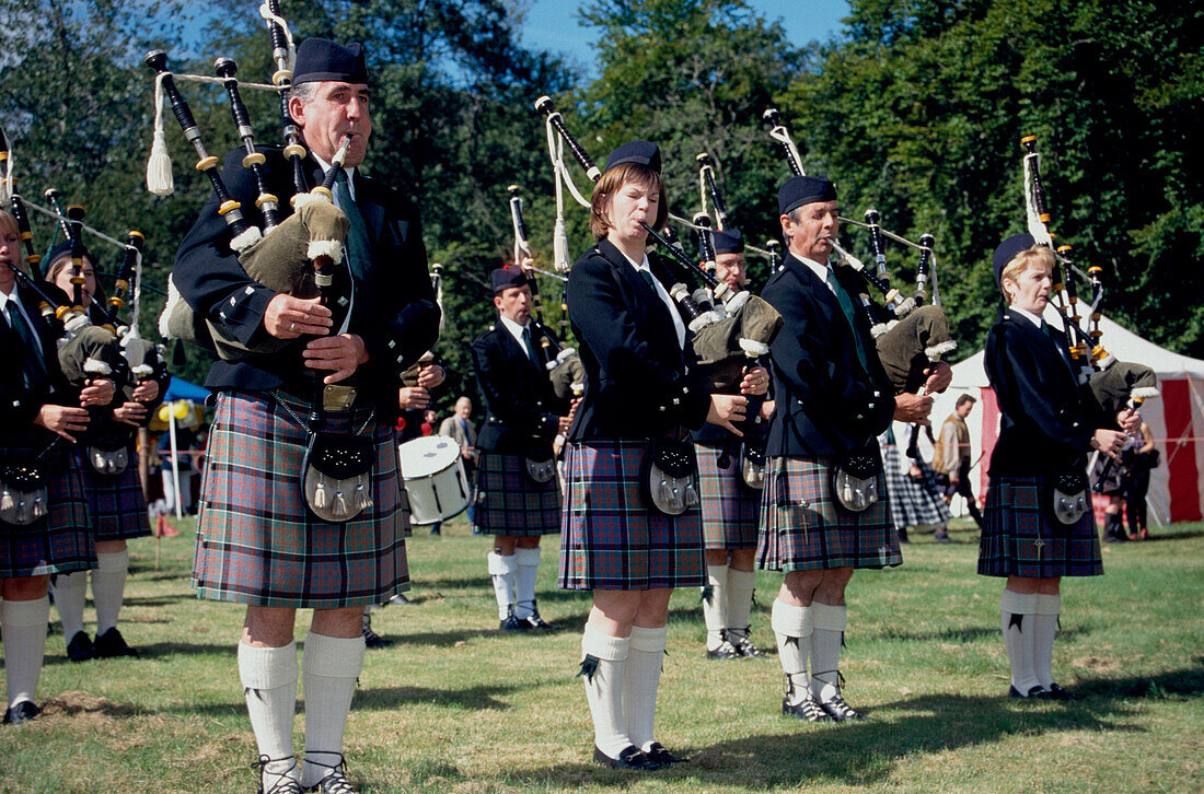 Bagpipe Players, Glenfinnan Highland Games Ivernesshire, Scotland, United Kingdom