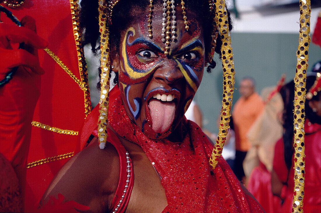 Woman in costume dancing at Mardi Gras, Port of Spain, Trinidad and Tobago, Caribbean