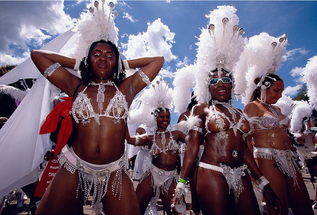 Women in costumes dancing at Mardi Gras, Port of Spain Trinidad