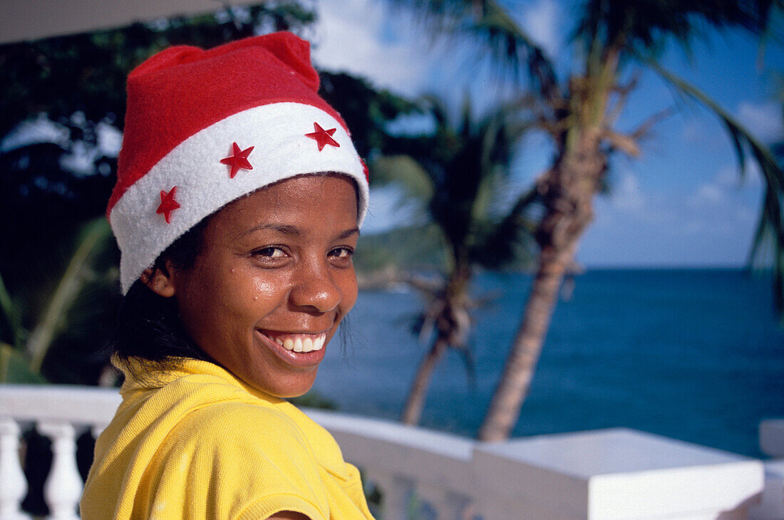 Waitress, Hat, Costume, Girl, Waitress with christmas hat at the pool of Hotel Gran Bahia, Samana, Samana Peninsula, Dominican Republic