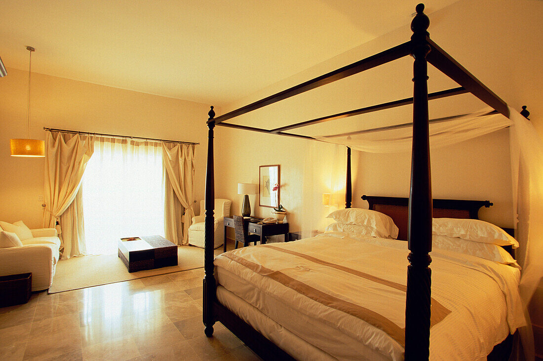 Bed in hotel room of Casa Colonial Beach and Spa, Playa Dorada, Puerto Plata, Dominican Republic, Caribbean
