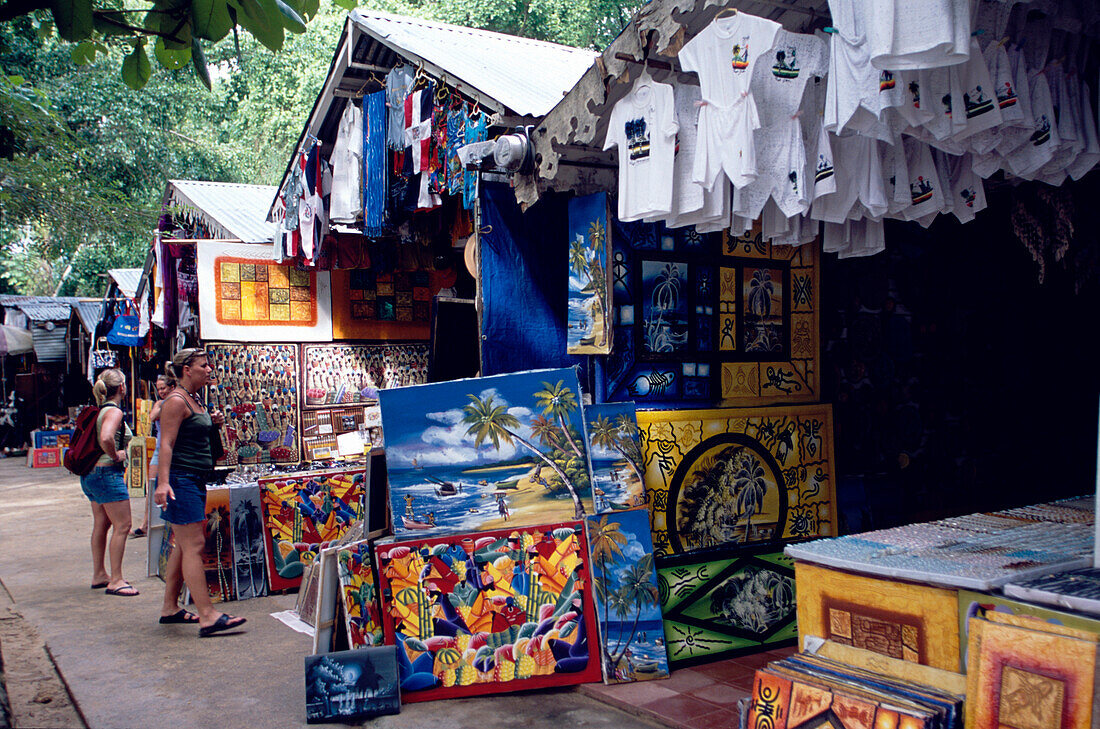 Souvenir shops Huts and bars on Sosua Beach, Dominican Republic, Caribbean