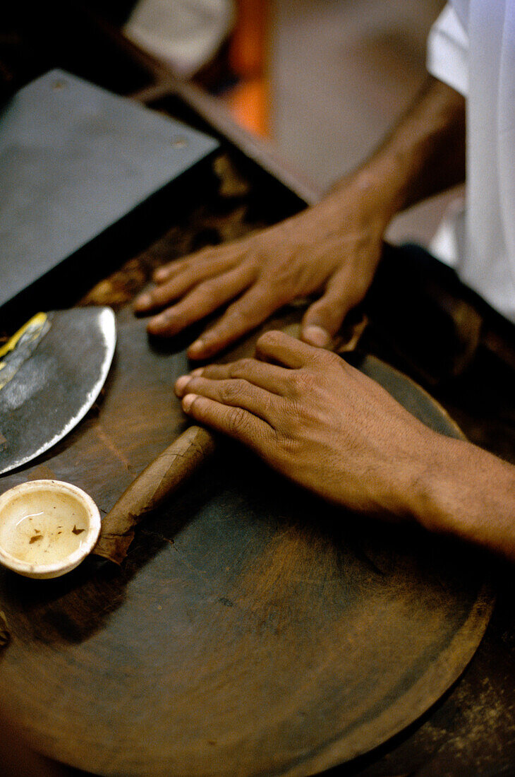 Leon Jimenes rolling cigars in the cigar factory in Santiago de los Caballeros, Dominican Republic, Caribbean