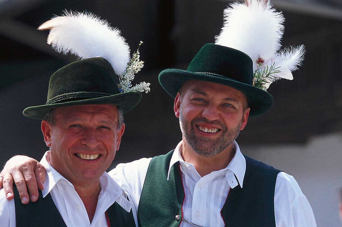 Two mature men wearing Bavarian costume, Bavaria, Germany