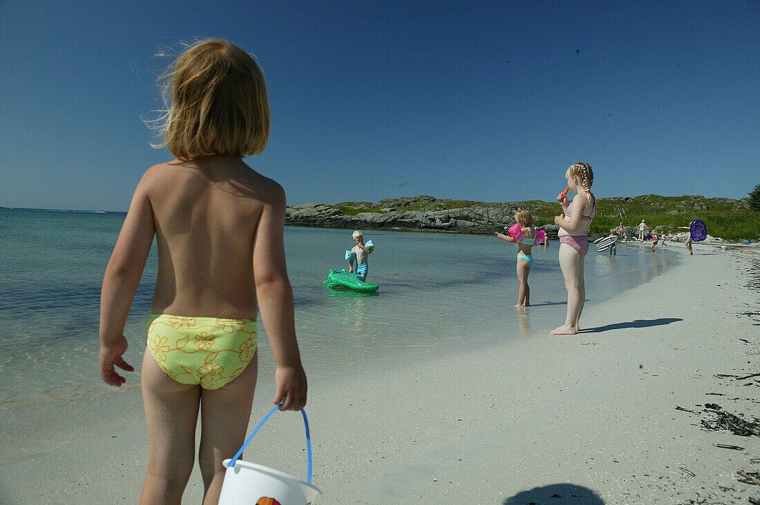 Children, Beach, Akrasanden, N, Beach Akrasanden, Karmoy Island, Rogaland, Norway