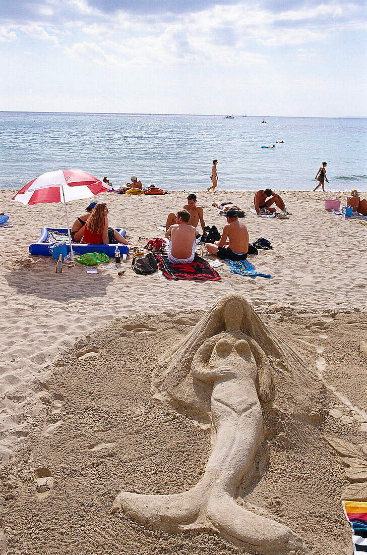 Sand sculpture of a mermaid, Beachlife, Patja de Palma, Arenal, Mallorca, Spain
