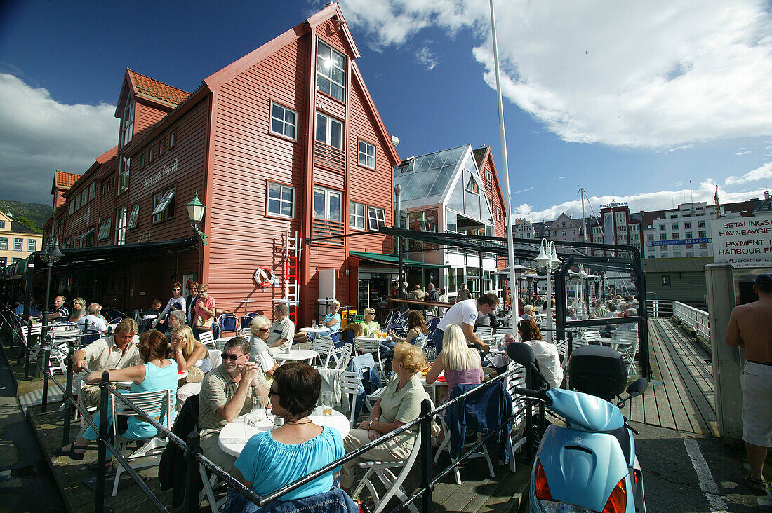 People sitting in a street cafe, Vagen, Bergen, Hordaland, Norway