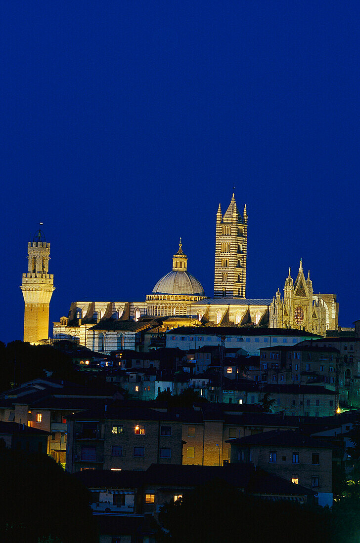 Blick auf Torre del Mangia in der Nacht, Siena, Toskana, Italien