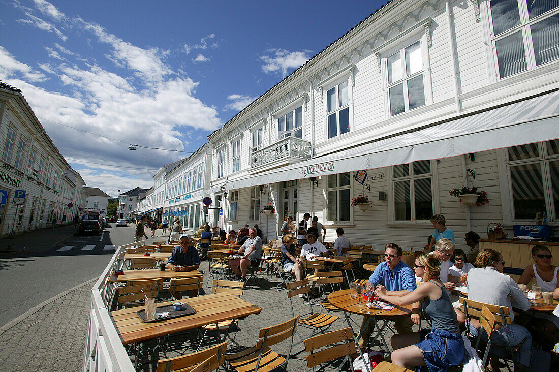 People in a street cafe, Cafe Excellencen, Torvet, Risor, Aust Augder, Oslo, Norway