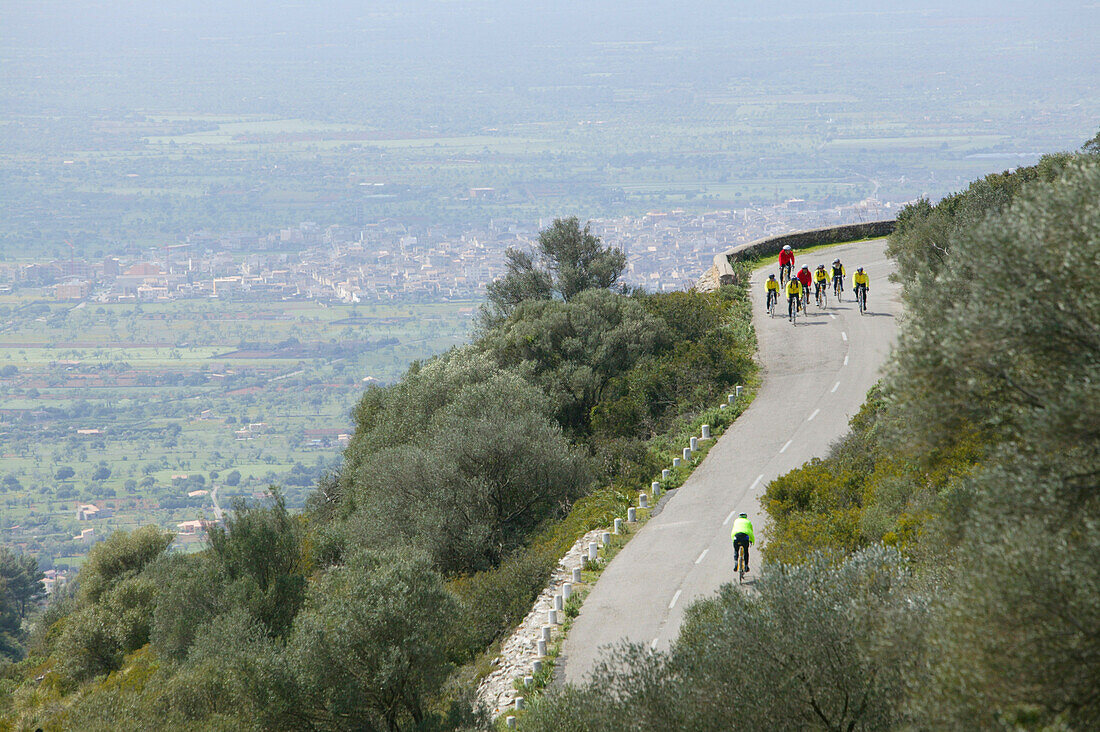 People on a cycle tour starting downhill from puig randa, Majorca, Balearic Islands, Spain