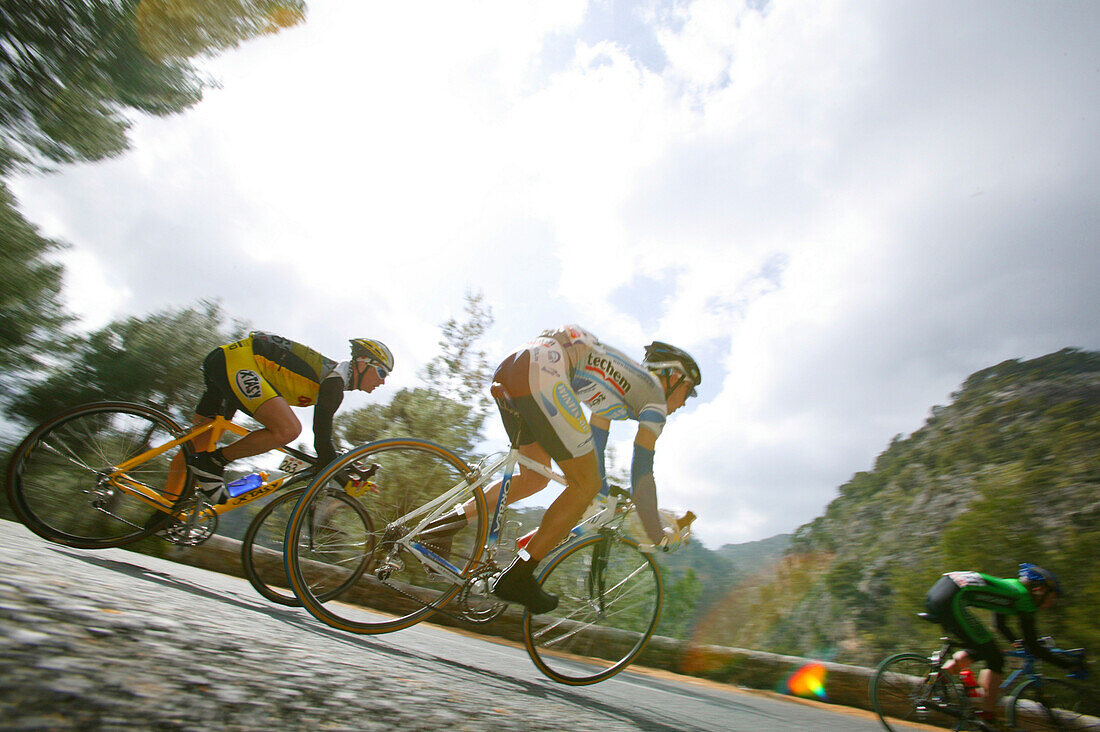 A group of cyclists, amateur cycle race, near Selva, Majorca, Balearic Islands, Spain