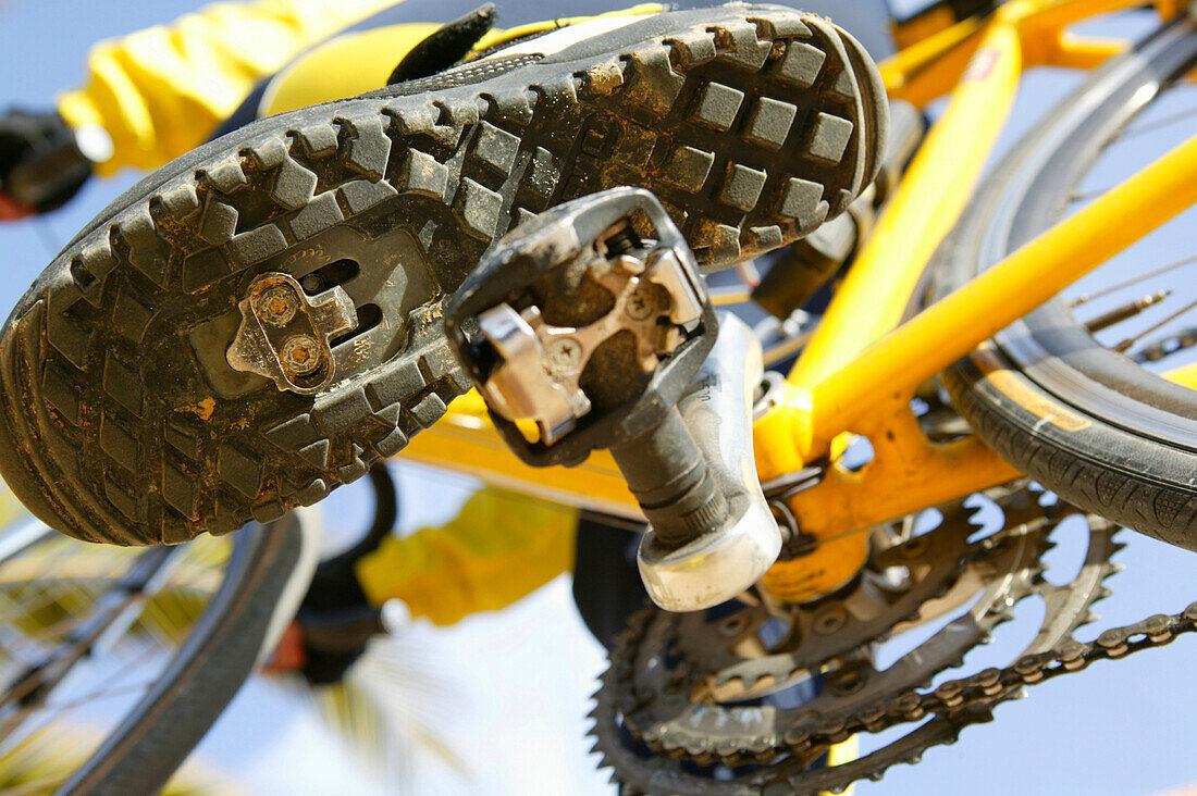 Close-up of bike shoes and spd pedals, Majorca, Balearic Islands, Spain