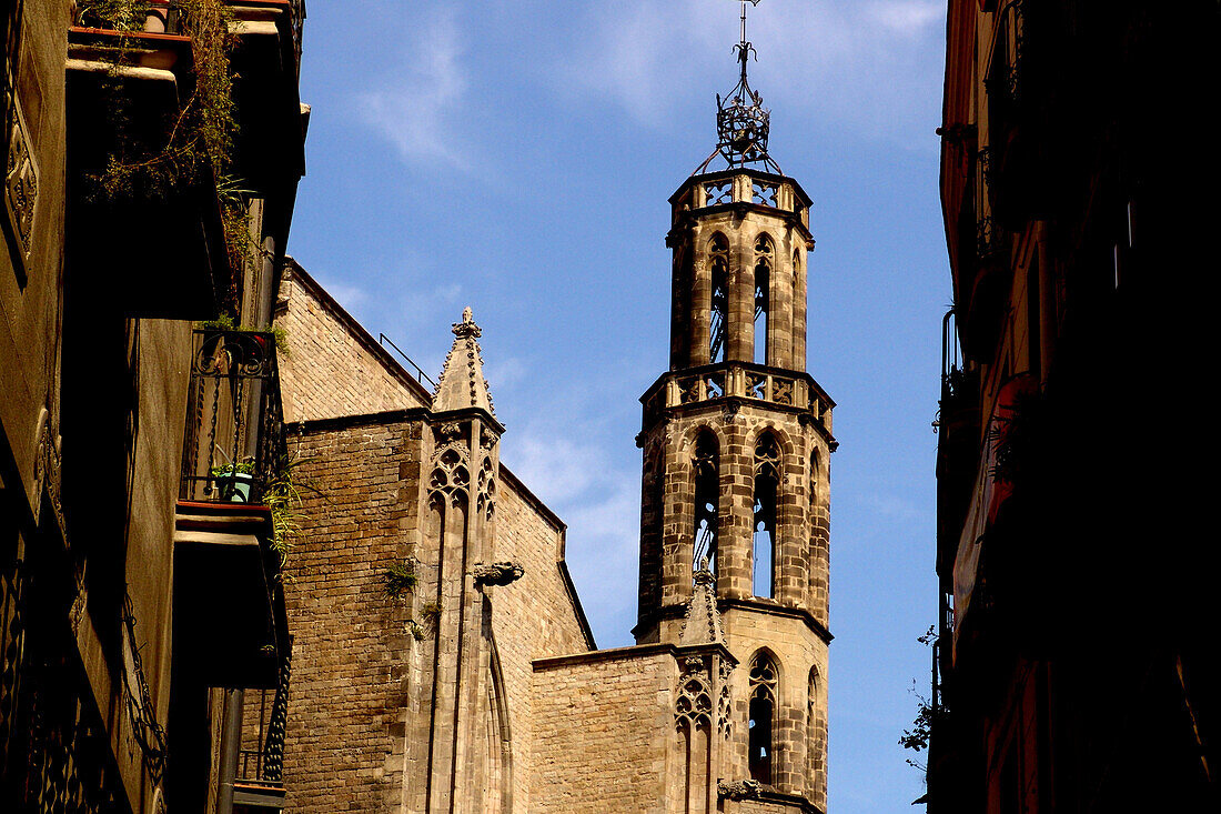 Houses and steeple at Placa Santa Maria del Mar, Barcelona, Spain, Europe
