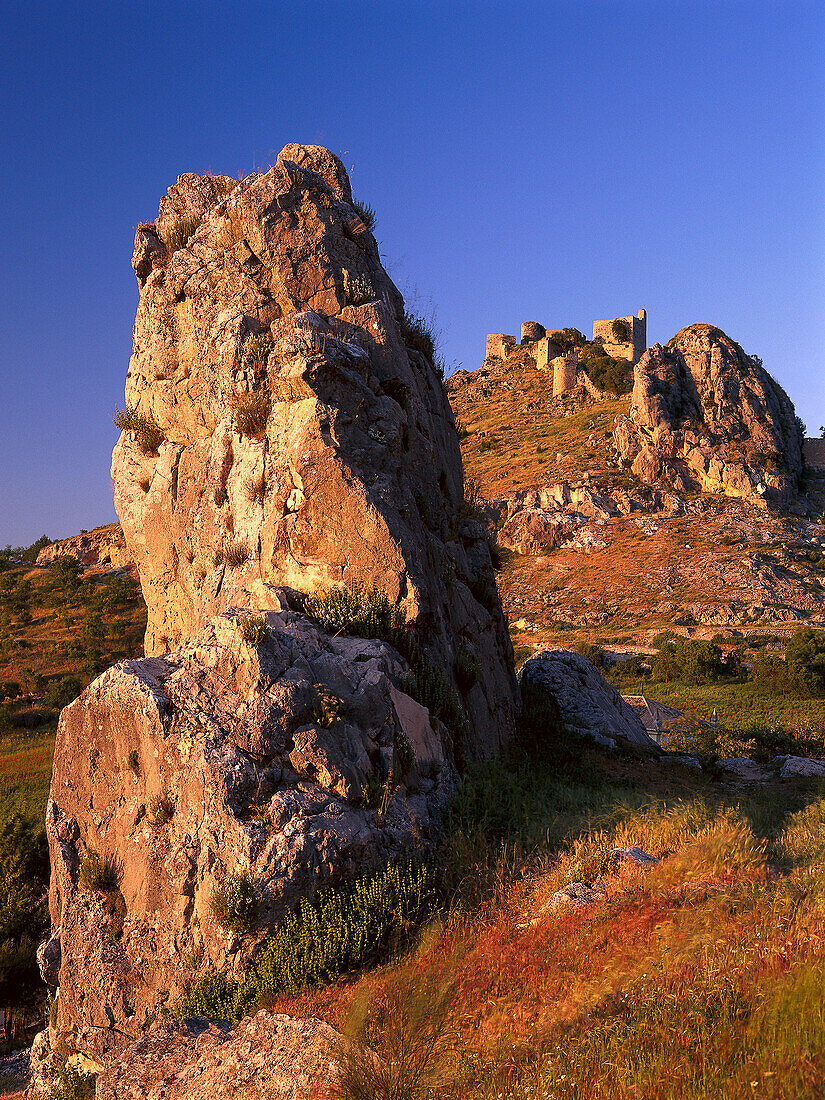 Rock formation and castle ruin under blue sky, Castillo, Moclin, Granada province, Andalusia, Spain, Europe