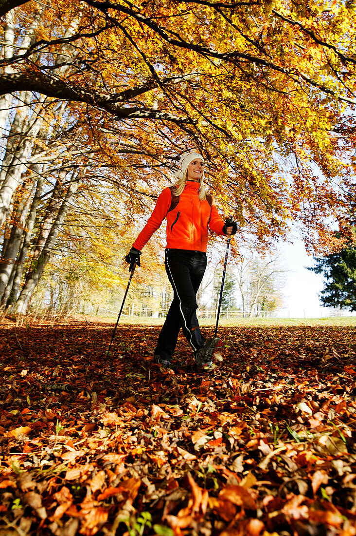 Young woman Nordic Walking, Bavaria, Germany