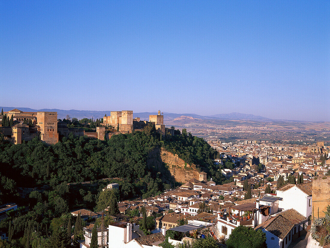 Alhambra castle of Sacramonte in the sunlight, Granada, Andalusia, Spain, Europe