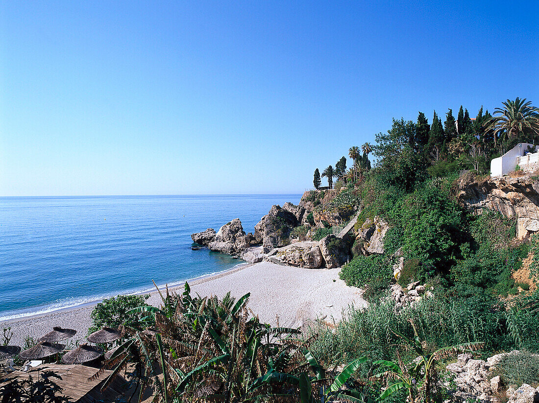 Deserted beach in a bay, Playa de Carabeo, Nerja, Costa del Sol, Province of Malaga, Andalusia, Spain, Europe