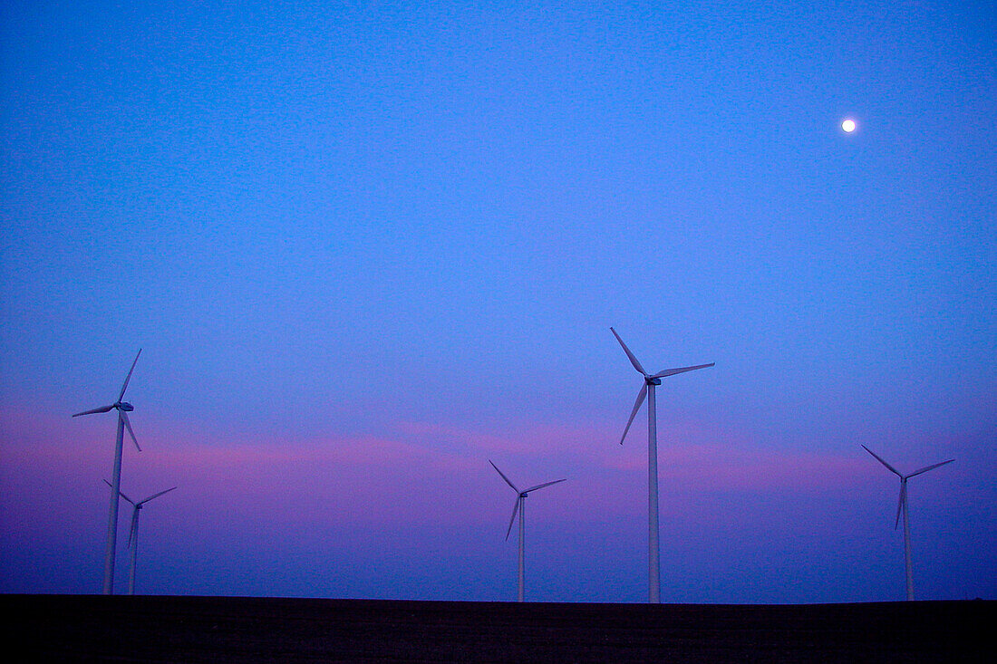 Moon above wind park, Wittstock, Mecklenburg-Western Pomerania, Germany