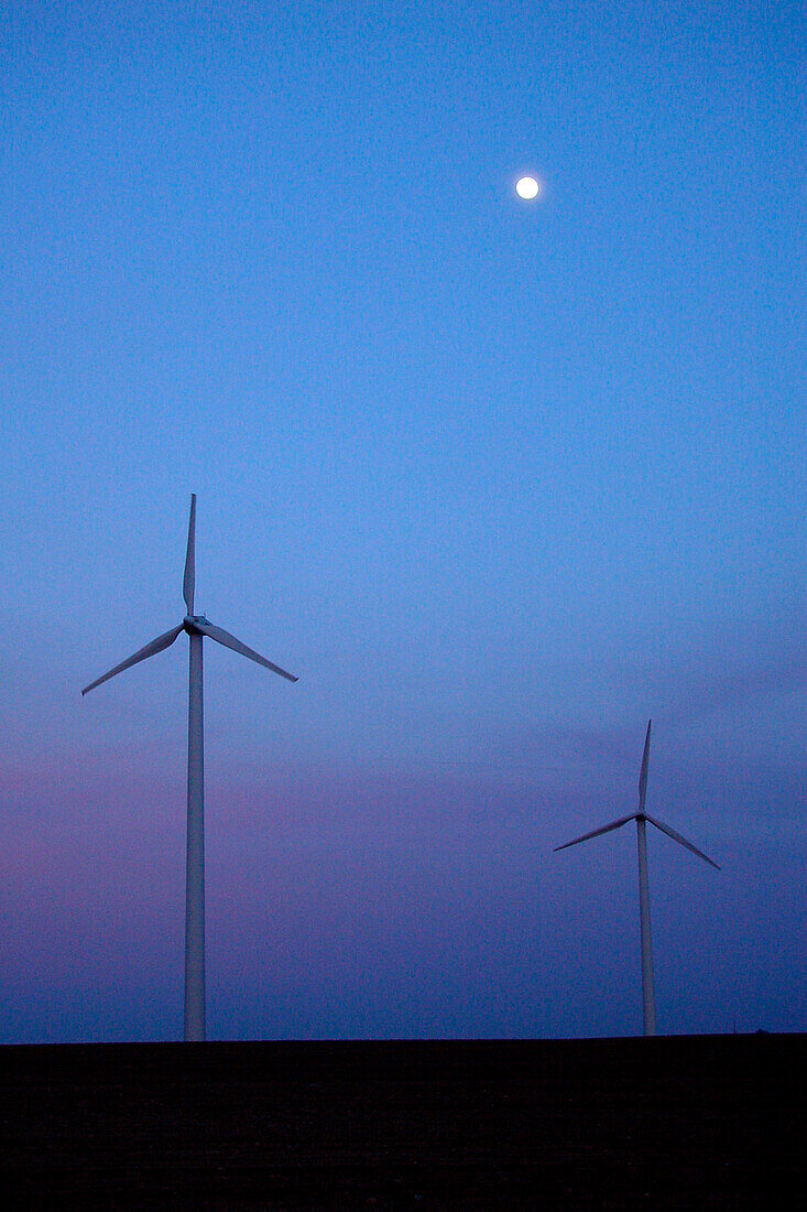 Moon above wind park, Wittstock, Mecklenburg-Western Pomerania, Germany