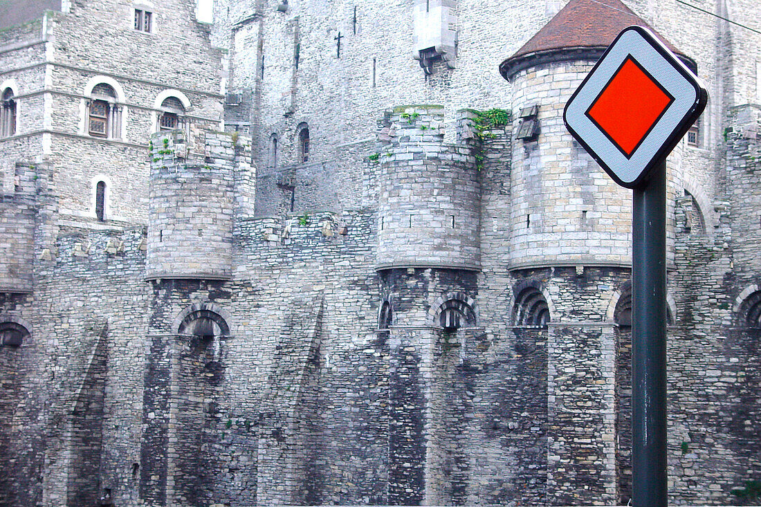 Traffic sign in front of castle Gravensteen, Ghent, Belgium