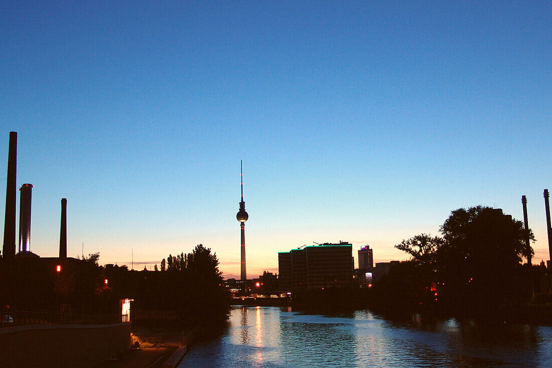 Spree river and television tower in the evening, Berlin, Germany