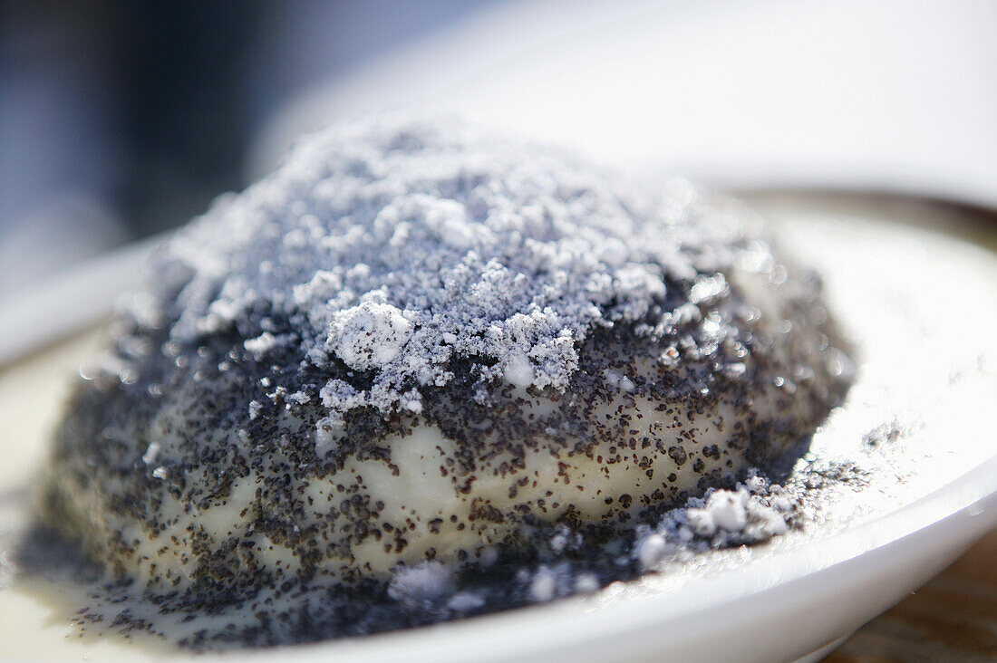 Close up of a sweet dumpling with poppy seeds in a ski hut, Dreiseenhuette, Tyrol, Austria