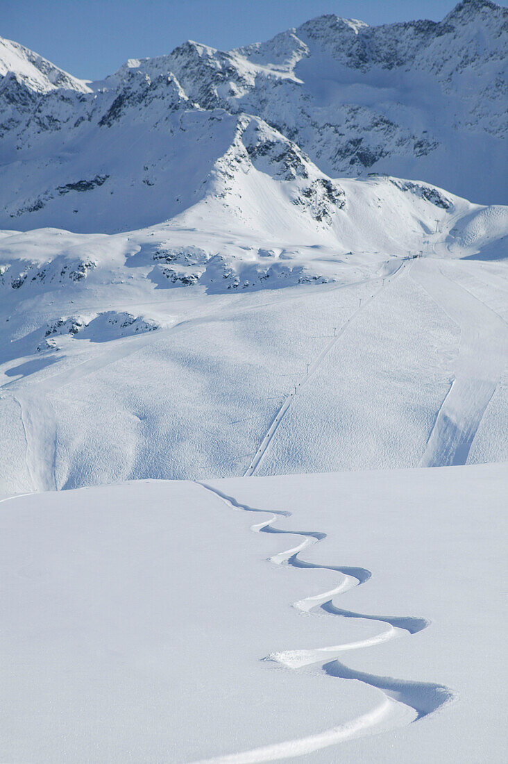 Skiing track in powder snow, Kuehtai, Gaiskogel, Tyrol, Austria
