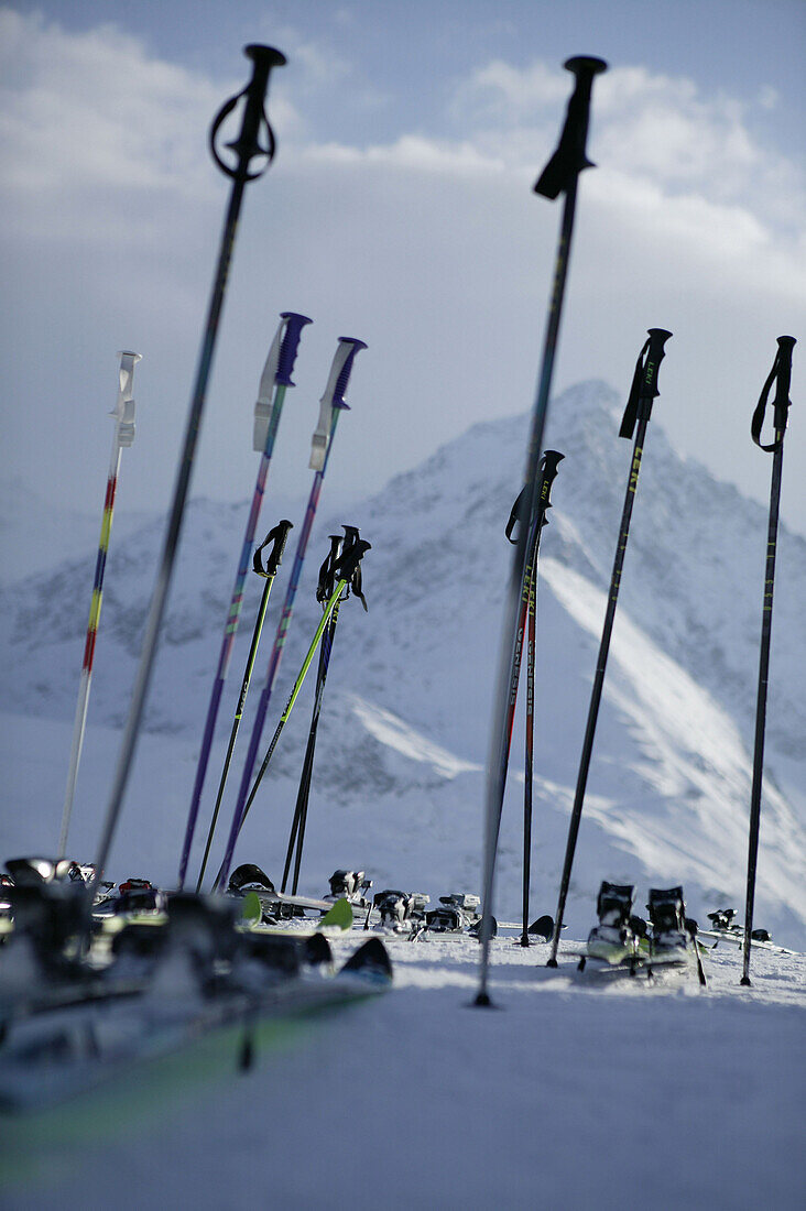 Skis and sticks in front of ski hut, Kuehtai, Tyrol, Austria