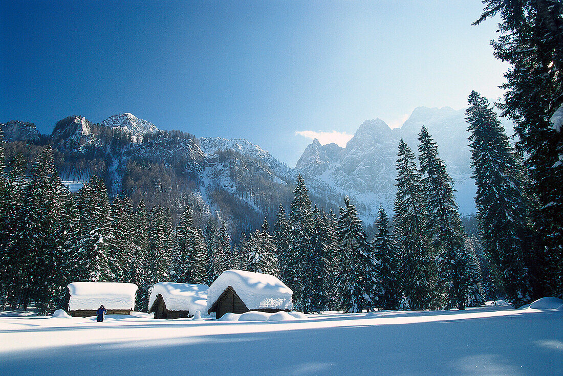 Oetzi-village in winter, fairy tale meadow, Bodental, Carinthia, Austria