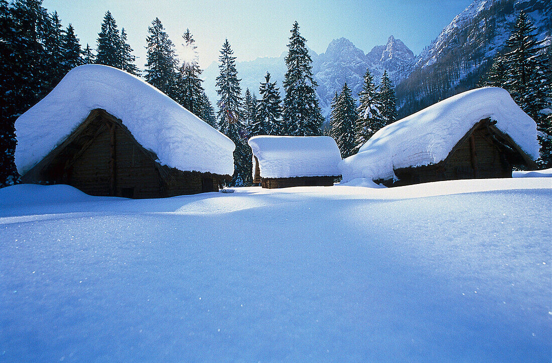 Snow covered stone age village, Bodental, Carinthia, Austria